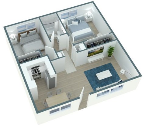 Floor plan for 2 beds, 1 bath, 950 sqft